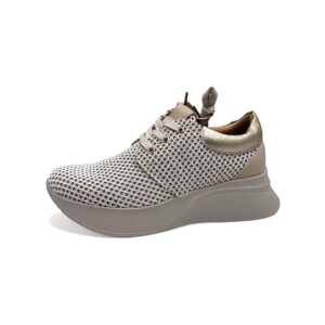 Beżowe sznurowane sneakersy z siateczkowym materiałem