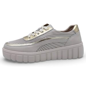 Beżowe sneakersy ze złotymi wstawkami